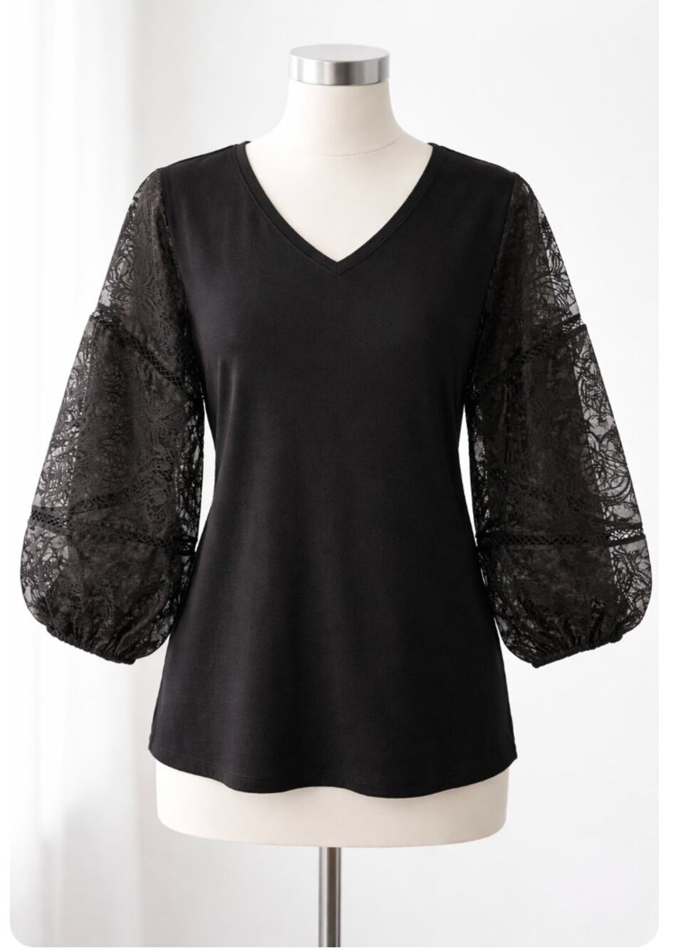 Chico’s Large Black Knit Top Sheer Lace Balloon Sleeve V-Neck Blouse